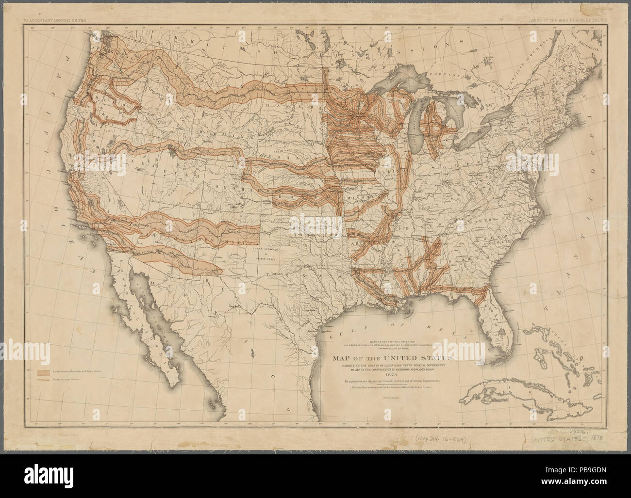 994 Map of the United States exhibiting the grants of lands made by the general government to aid in the construction of railroads and wagon roads (NYPL b20886884-5652884) Stock Photo