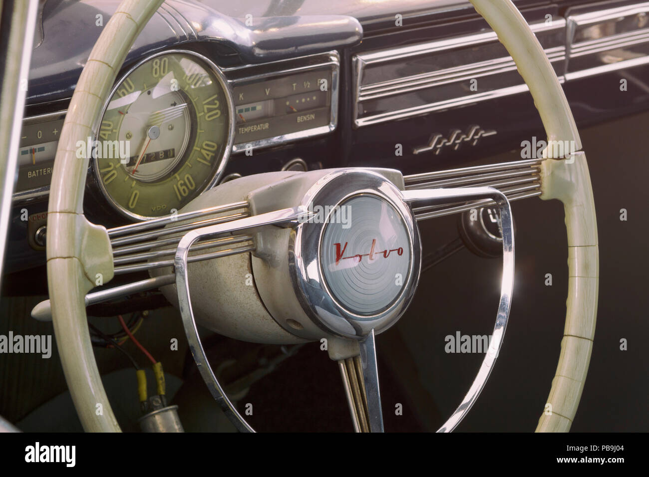 Steering wheel and dashboard of 1957 Volvo 444 Stock Photo