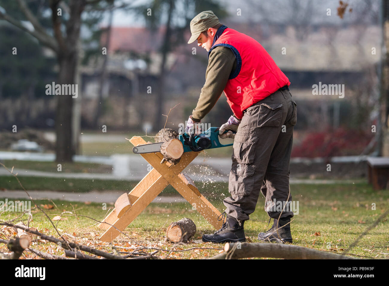 Chainsaw tree ladder man hires stock photography and images Alamy
