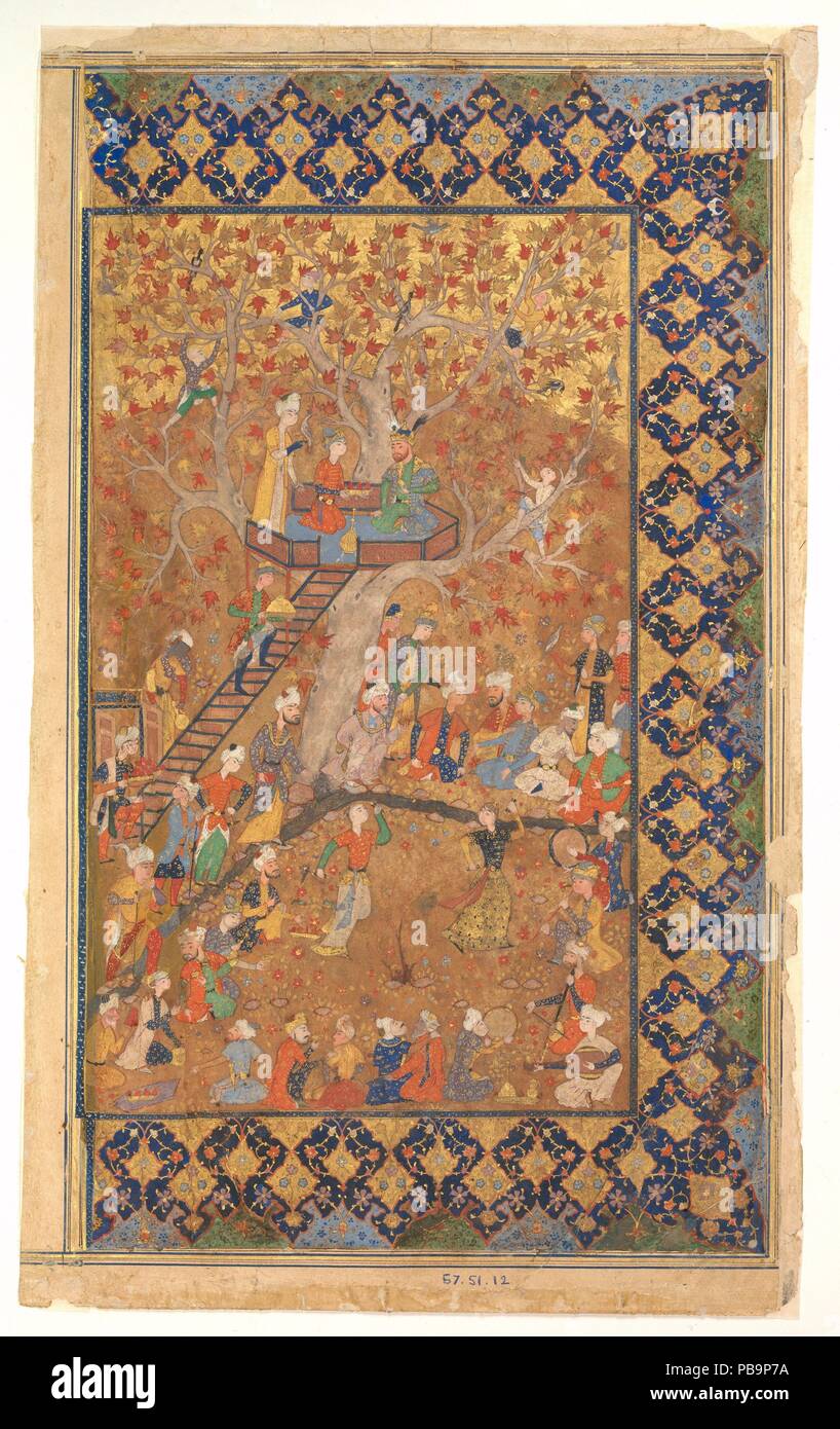 'Entertainment in a Garden', Folio from a Khamsa of Amir Khusrau Dihlavi, Matla' al-Anvar. Author: Amir Khusrau Dihlavi (1253-1325). Dimensions: OveralL. 12 5/8 x 7 1/8 in. (32.1 x 18.1 cm)  Dimensions of painting: 9 5/8 x 5 3/4in. (24.4 x 14.6cm)  Dimensions of painting: 13 5/8 x 8 1/4in. (34.6 x 21cm). Date: second half 16th century.  Rulers sometimes held semi-public bazms (feasts) involving large numbers of guests. Here the ruler is seated on a hexagonal platform atop a tree and accompanied by attendants. This whimsical portrayal of an outdoor bazm includes charming details such as childre Stock Photo