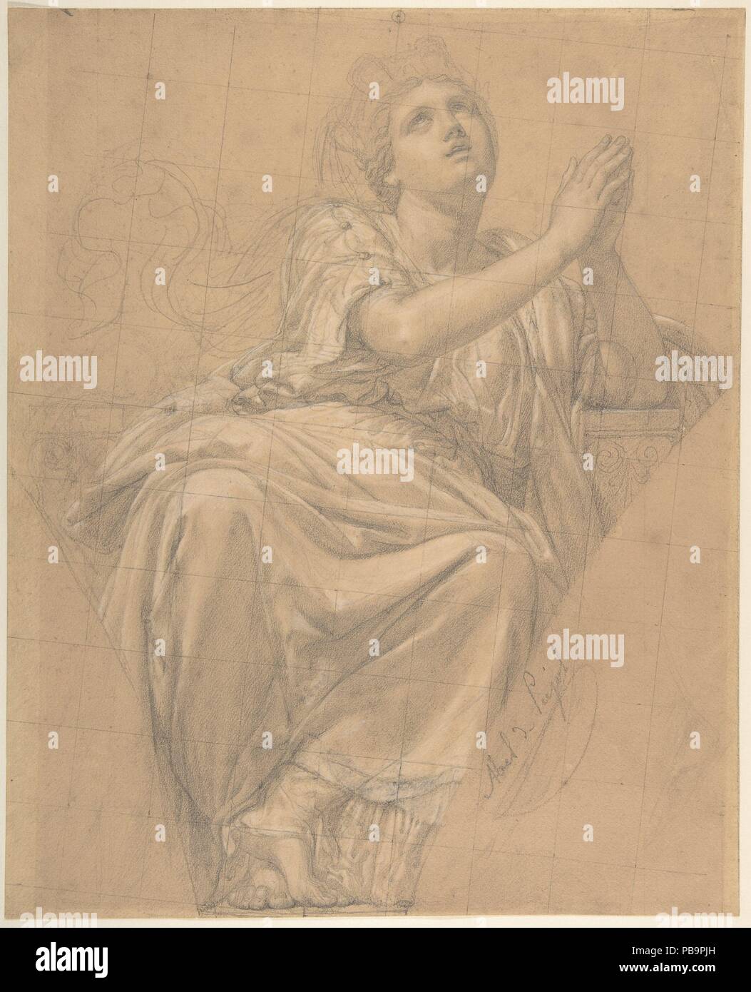 Allegorical Figure of the City of Piacenza, for a Pendentive in the Chapel of Saint-Roch, Church of Saint-Sulpice, Paris (recto); Studies for the Same Figure (verso). Artist: Alexandre Denis Abel de Pujol (French, Valenciennes 1785-1861 Paris). Dimensions: Sheet: 11 13/16 x 9 1/2 in. (30 x 24.2cm). Date: 1821.  The compositional shape of this preparatory drawing reflects the destination of the finished work: a pendentive--the triangular section of vaulting where a dome connects to supporting arches below--in a chapel devoted to Saint Roch in the Church of Saint-Sulpice in Paris. As an allegory Stock Photo