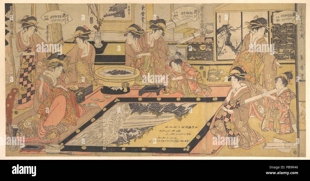 A Votive Picture to Be Donated to the Kannon of Asakusa (Asakusa Kannon ho kakegaku no zu), by Takigawa of the Ogiya, Kamuro Menami and Onami, with Tomikawa, Kumegawa, Tamagawa, Tsugawa, Utagawa, and Kiyokawa. Artist: Kitagawa Kikumaro (Japanese, died 1830). Culture: Japan. Dimensions: Overall: H. 14 3/4 in. (37.5 cm); W. 23 3/4 in. (60. 3 cm). Date: ca. 1800.  Takigawa, the high-ranking courtesan (oiran) of the Ogiya brothel, was not only a famous beauty but an accomplished painter and calligrapher. This print depicts Takigawa as she prepares a votive picture (ema) as a New Year's offering fo Stock Photo