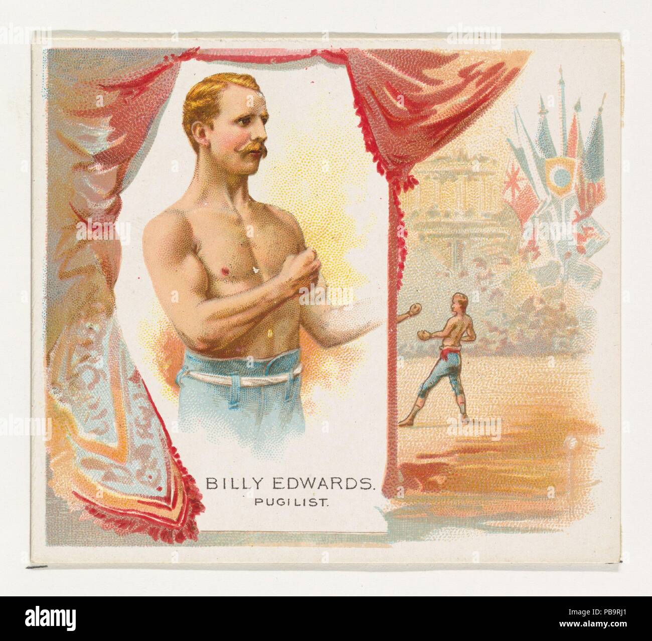 Billy Edwards, Pugilist, from World's Champions, Second Series (N43) for Allen & Ginter Cigarettes. Dimensions: Sheet: 2 15/16 x 3 1/4 in. (7.4 x 8.3 cm). Lithographer: Lindner, Eddy & Claus (American, New York). Publisher: Allen & Ginter (American, Richmond, Virginia). Date: 1888.  Trade cards from "World's Champions," Second Series (N43), issued in 1888 in a set of 50 cards to promote Allen & Ginter brand cigarettes. Museum: Metropolitan Museum of Art, New York, USA. Stock Photo