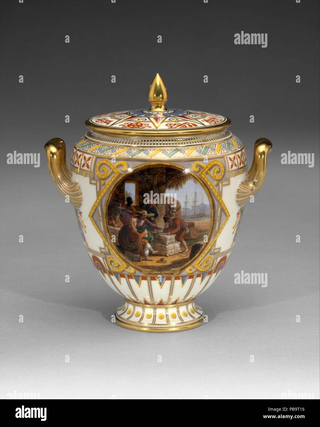 Sugar bowl (pot à sucre ovoide). Culture: French, Sèvres. Decorator: Pictorial decoration by Jean Charles Develly (active 1813-47); Gilded by Pierre Riton (active 1821-60). Dimensions: Overall (confirmed): 5 5/8 x 5 1/4 x 4 1/16 in. (14.3 x 13.3 x 10.3 cm). Factory: Sèvres Manufactory (French, 1740-present). Patron: Commissioned by Louis Philippe, King of France (French, Paris 1773-1850 Claremont, Surrey) for Queen Marie-Amélie. Date: 1836.  The best of the Sèvres porcelain produced in the mid-nineteenth century displays an originality of conception unmatched by the other European ceramic manu Stock Photo