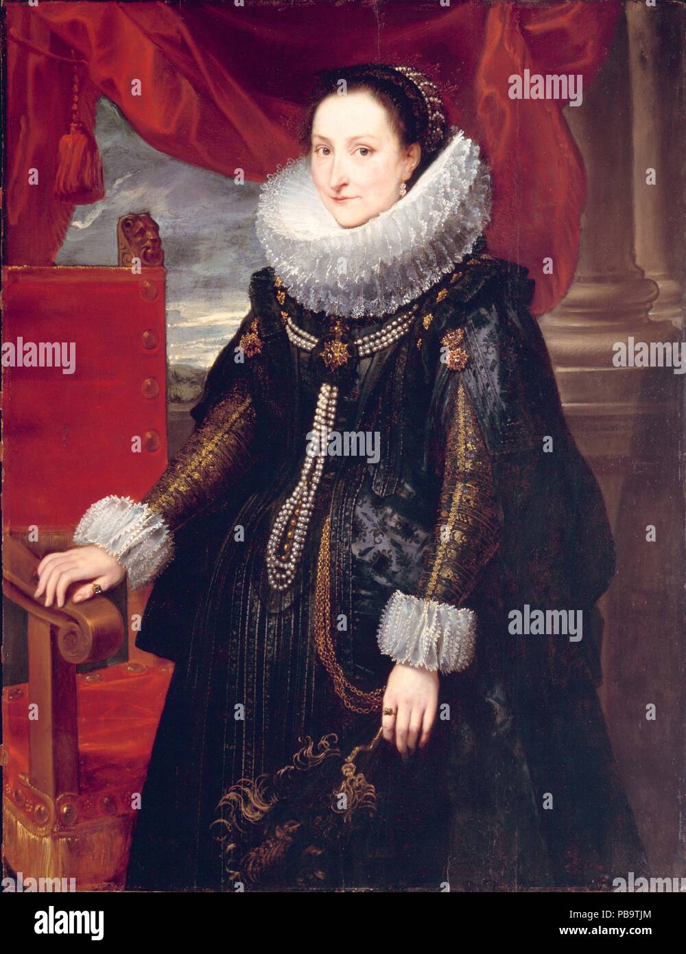 Portrait of a Woman. Artist: Cornelis de Vos (Flemish, Hulst 1584/85-1651 Antwerp). Dimensions: 49 3/8 x 38 in. (125.4 x 96.5 cm).  Although the present painting entered the Museum as a work of Van Dyck, the reserved expression of the sitter and the meticulous handling of the details of the costume are characteristic of de Vos's work. This highly respected Antwerp portrait painter is known for his dignified portraits which nevertheless maintain a charming modesty. He particularly excelled in group portraits of children. Museum: Metropolitan Museum of Art, New York, USA. Stock Photo