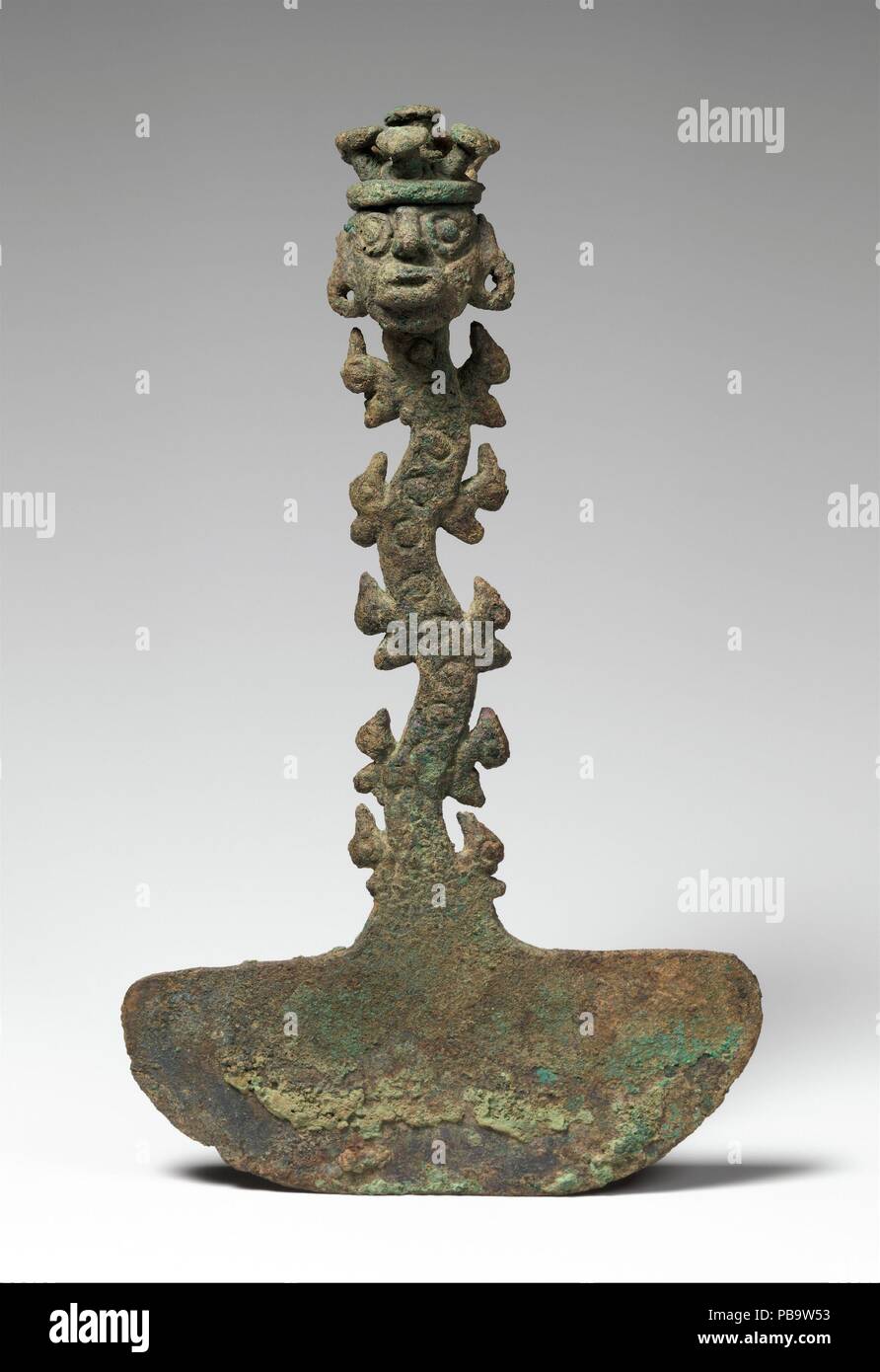 Ceremonial Knife (Tumi). Culture: Chimú. Dimensions: H. 5 13/16 in. (14.8 cm). Date: 12th-15th century.  The Moche people of northern Peru (first-seventh century) were among the first to use copper, often with the addition of arsenic to harden the metal and improve the quality of the cast. Moche metalworkers hammered most of their precious metals--gold and silver--into objects of sheet metal, but many works in copper were cast by the lost-wax technique. The Chimú people, who made this ceremonial knife, inherited the rich cultural and artistic traditions developed by the earlier Moche. Clearly  Stock Photo