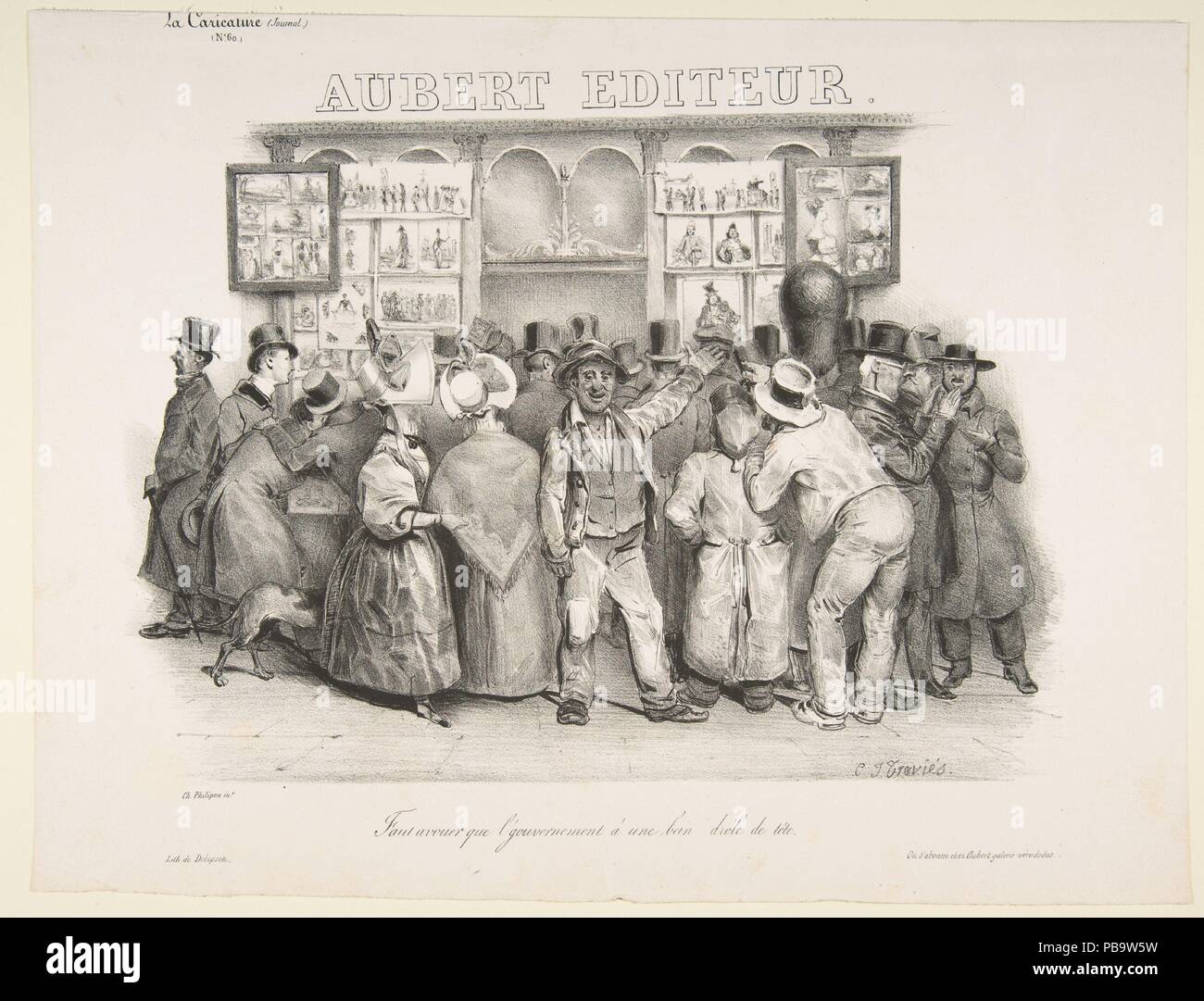 The Publisher Aubert (You must admit the government has a comic appearance). Artist: After Charles Philipon (French, Lyons 1800-1862 Paris); Charles-Joseph Traviès (French, 1804-1859). Dimensions: image: 7 5/8 x 10 13/16 in. (19.4 x 27.5 cm)  sheet: 10 3/16 x 13 1/4 in. (25.9 x 33.7 cm). Lithographer: Lithographed by Delaporte (French, 19th century) , Paris. Series/Portfolio: published in la Caricature, no. 60. Date: 1831. Museum: Metropolitan Museum of Art, New York, USA. Stock Photo