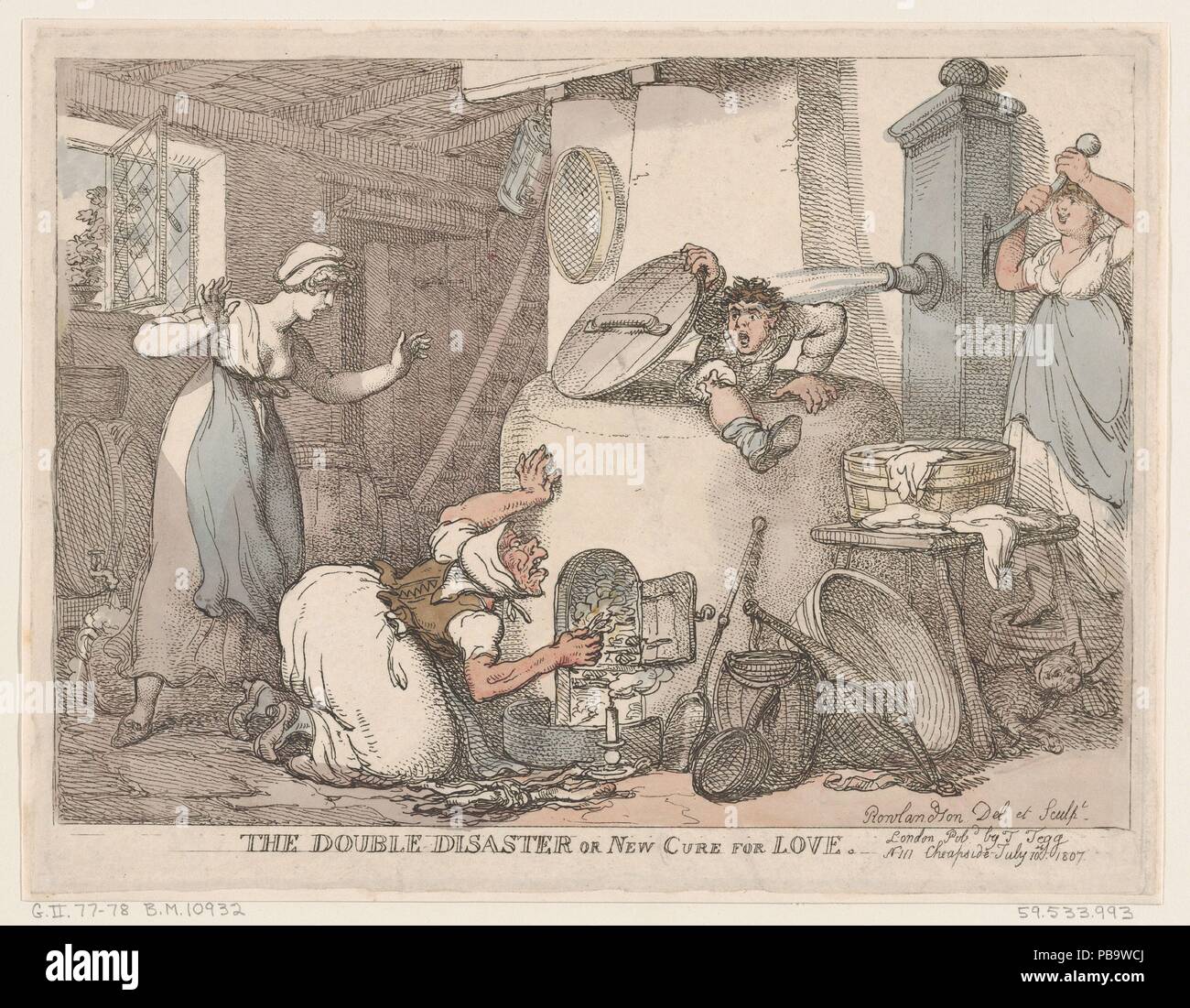 The Double Disaster, or New Cure for Love. Artist: Thomas Rowlandson (British, London 1757-1827 London). Dimensions: Sheet: 8 9/16 × 11 1/8 in. (21.8 × 28.3 cm). Publisher: Thomas Tegg (British, 1776-1846). Date: October 1807. Museum: Metropolitan Museum of Art, New York, USA. Stock Photo