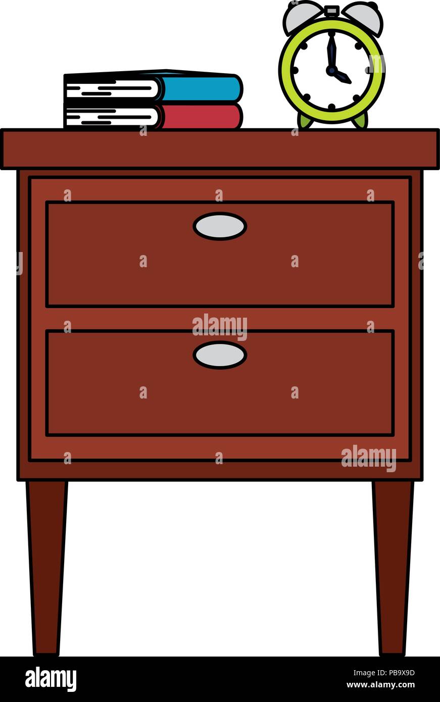 wooden drawer with books and alarm Stock Vector