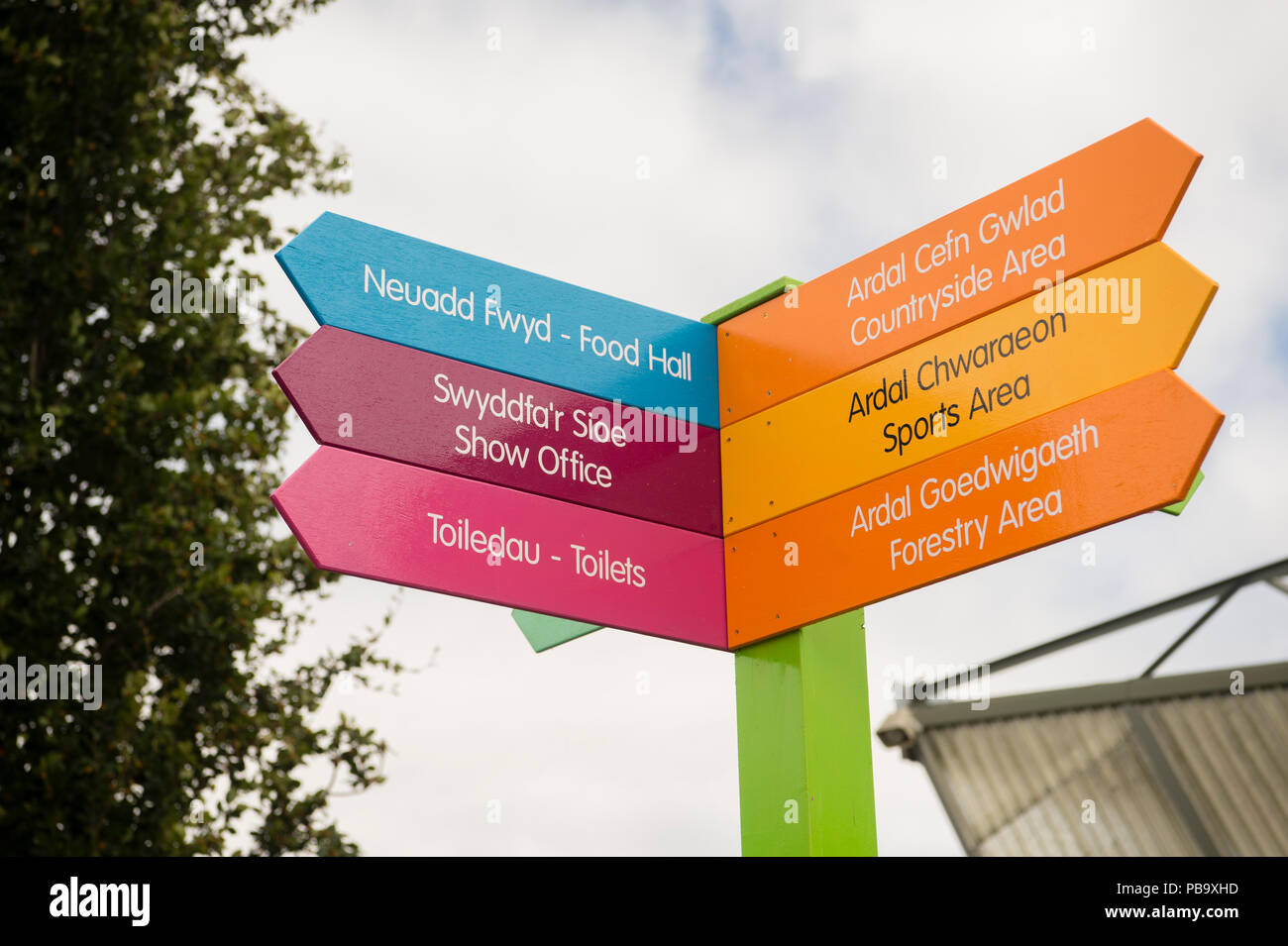 Colourful signposts at The Royal Welsh Show, the UK's leading agriculture and farming event, held annually at the purpose built show ground at Builth Wells, Powys, Wales Stock Photo