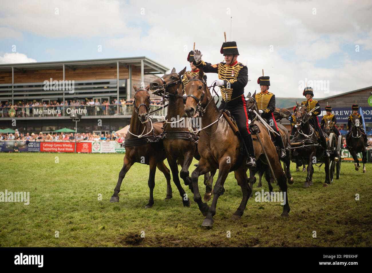 Horse riding display at The Royal Welsh Show, the UK's leading agriculture and farming event, held annually at the purpose built show ground at Builth Wells, Powys, Wales Stock Photo