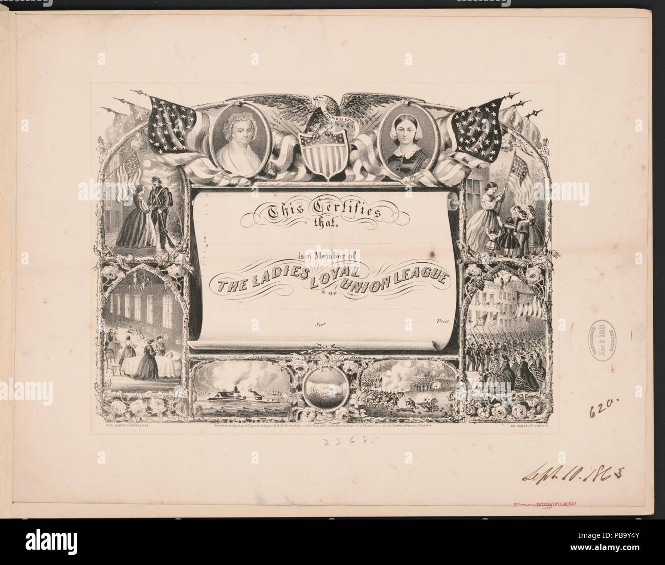 1719 This certifies that, (blank) is a member of the Ladies Loyal Union League of (blank), (blank) secy. (blank) prest LCCN2002697113