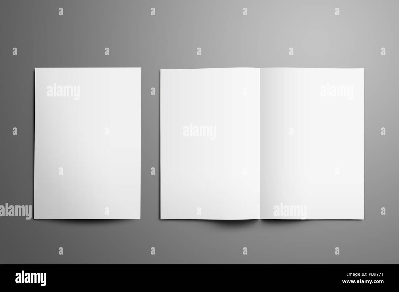 Universal tempalte with two white  A4, (A5) bi-fold brochures with realistic  shadows isolated on gray background. One booklet is closed the second is Stock Photo