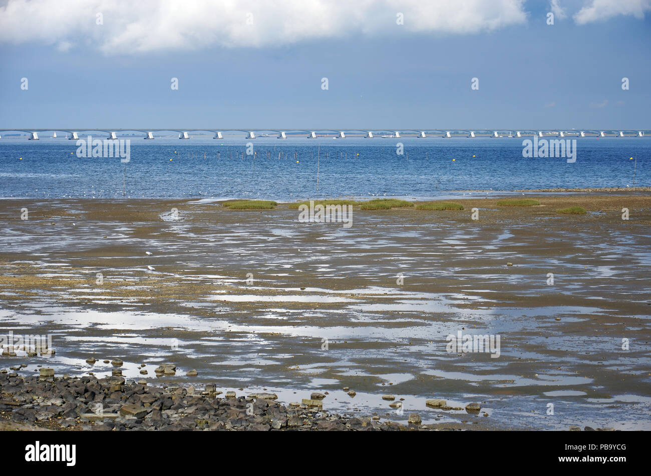 View across mudflats towards Oosterschelde estuary in the Netherlands and 5 kilometer long Zeeland Bridge Stock Photo