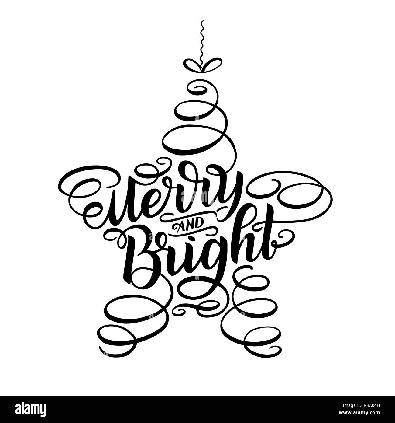 Merry and Bright New Year Lettering in form of star tree toy, Greeting Card design circle text frame isolated on white. illustration. Christmas tree t Stock Photo