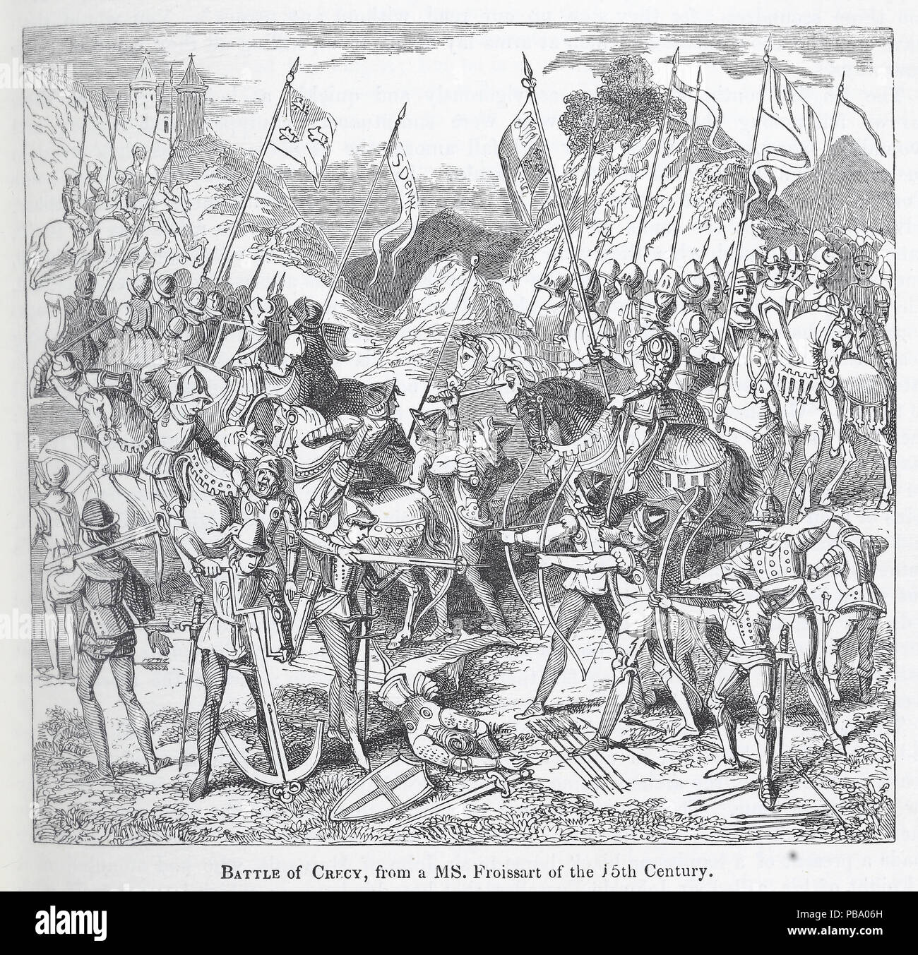 Illustration entitled ' Battle of Crecy, from a MS., Froissart of the 15th Century' Stock Photo
