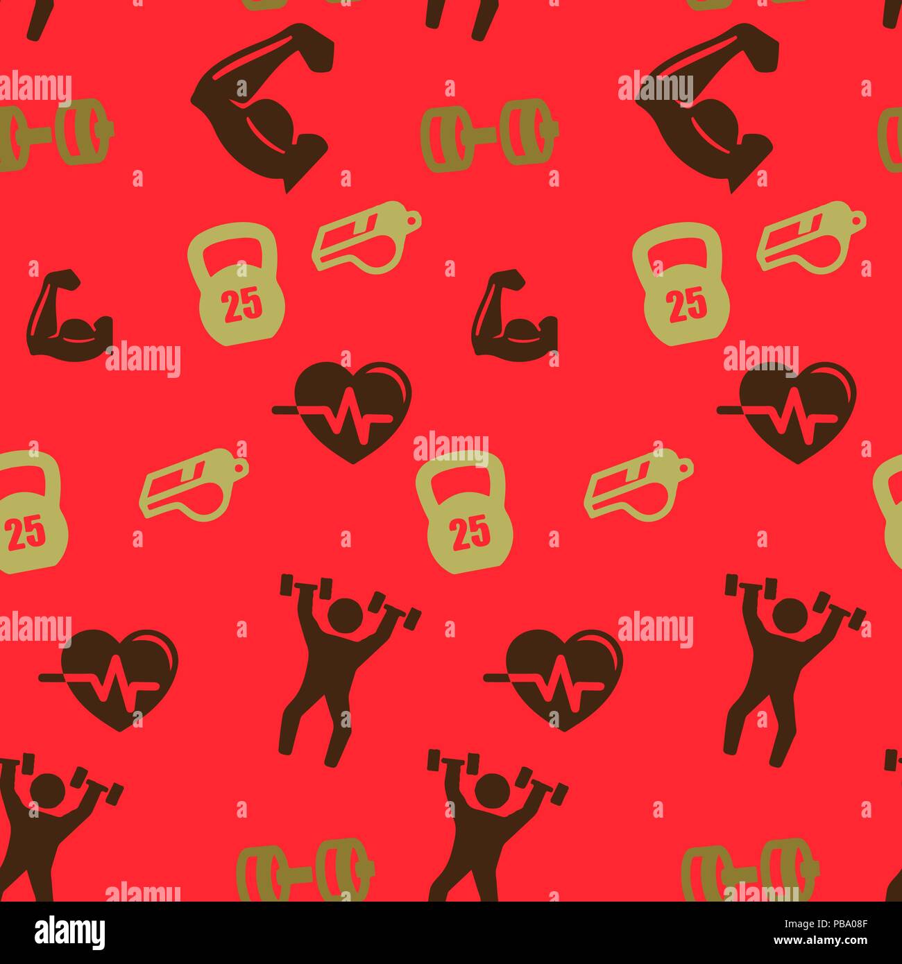 Sports set pattern seamless. Vector illustration. Red background. Stock Vector
