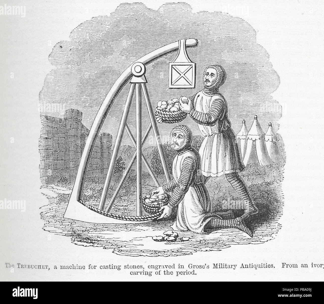 Illustration entitled,  'The Trebuchet, a machine for casting stones, engraved in Grose's Military Antiquities. From an ivory carving of the period.' Stock Photo