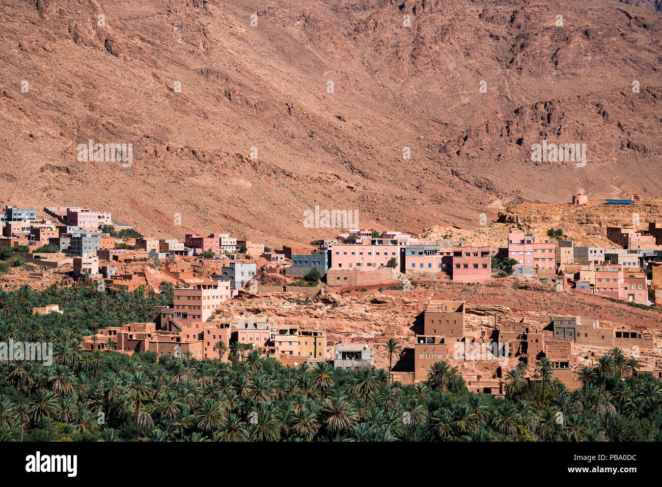 Landscape view of Atlas mountains and oasis around Douar Ait Boujane village in Todra gorge in Tinghir, Morocco Stock Photo