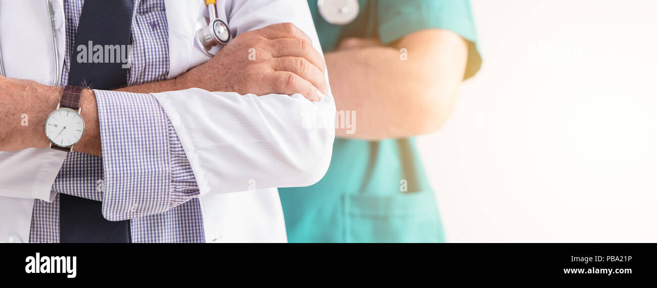 Doctor hospital professional people health care services people wide horizontal banner for background. Stock Photo