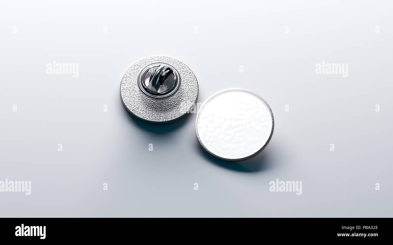 Blank white round silver lapel badge mockup, front and back side view, 3d rendering. Empty hard enamel pin mock up. Metal clasp-pin design template. E Stock Photo