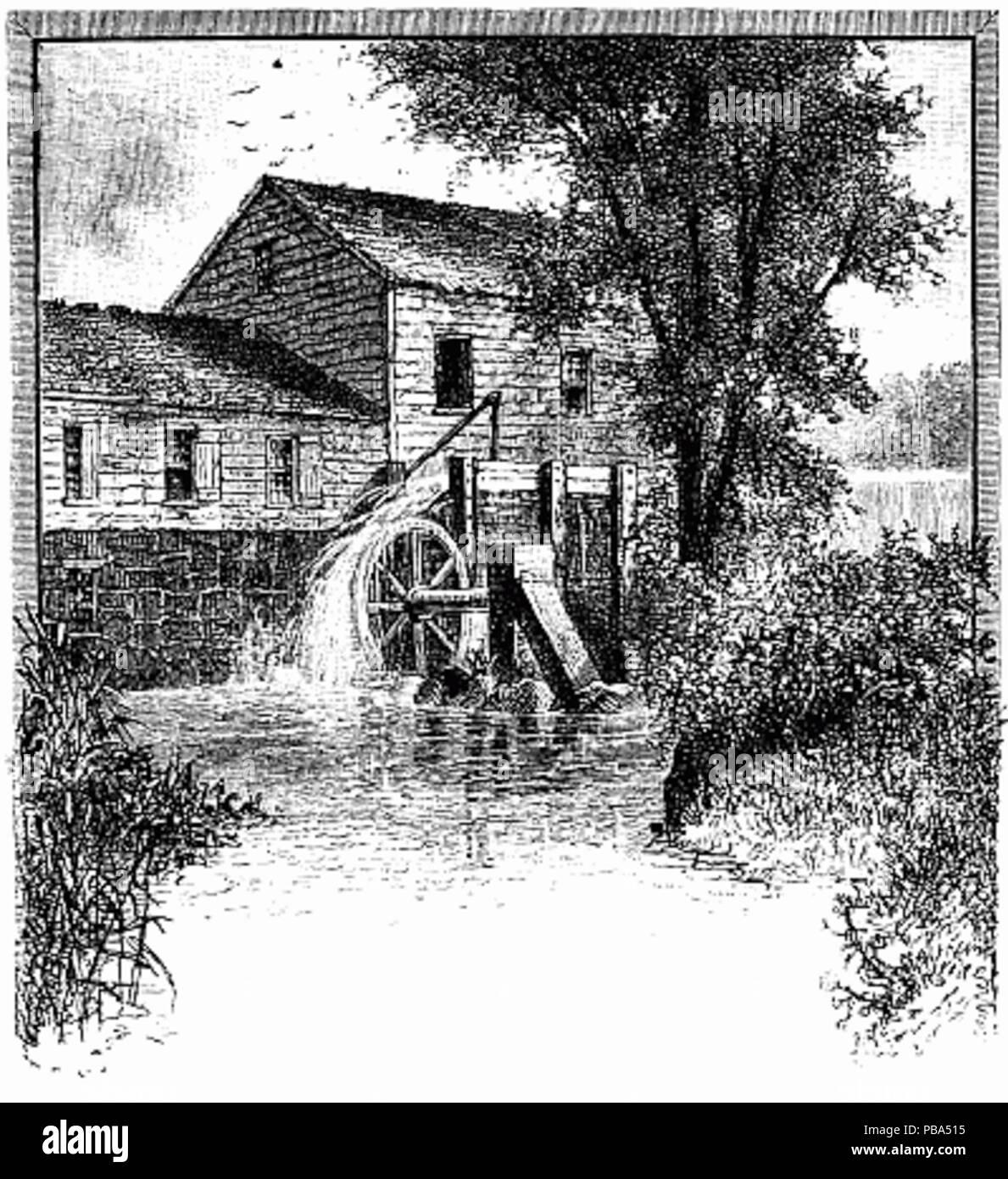 Run of the mill. Водяное колесо рисунок. hand drawn landscape and mill.