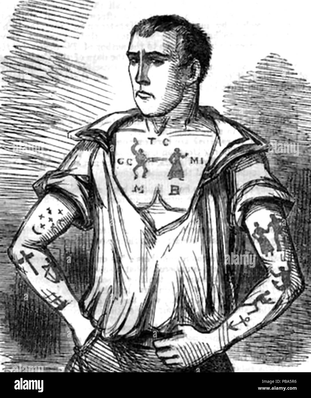 TATTOOS on a convict after his transportation to Australia. Stock Photo