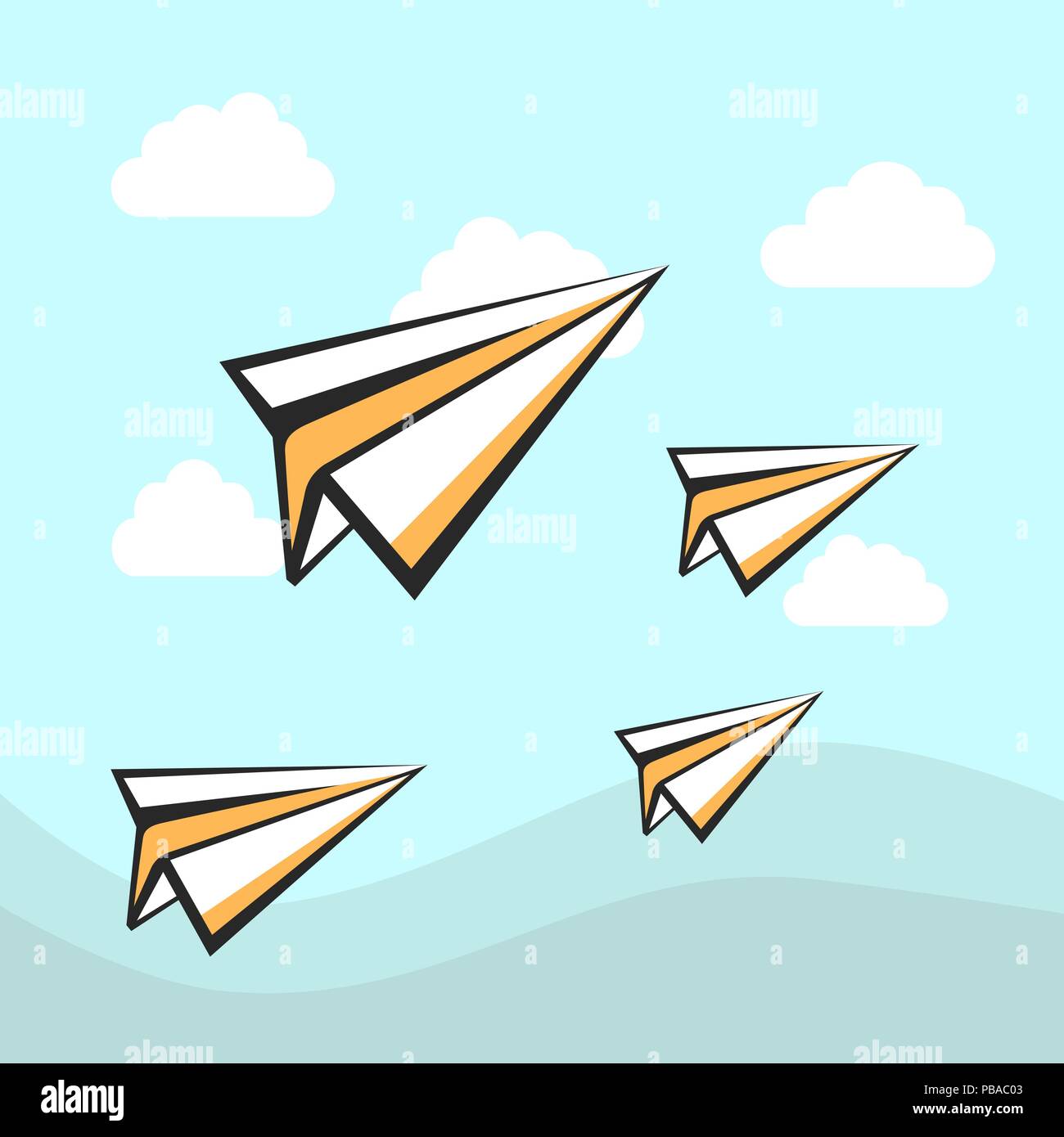 Paper Planes Icons Background. Vector Sky With Clouds Stock Vector
