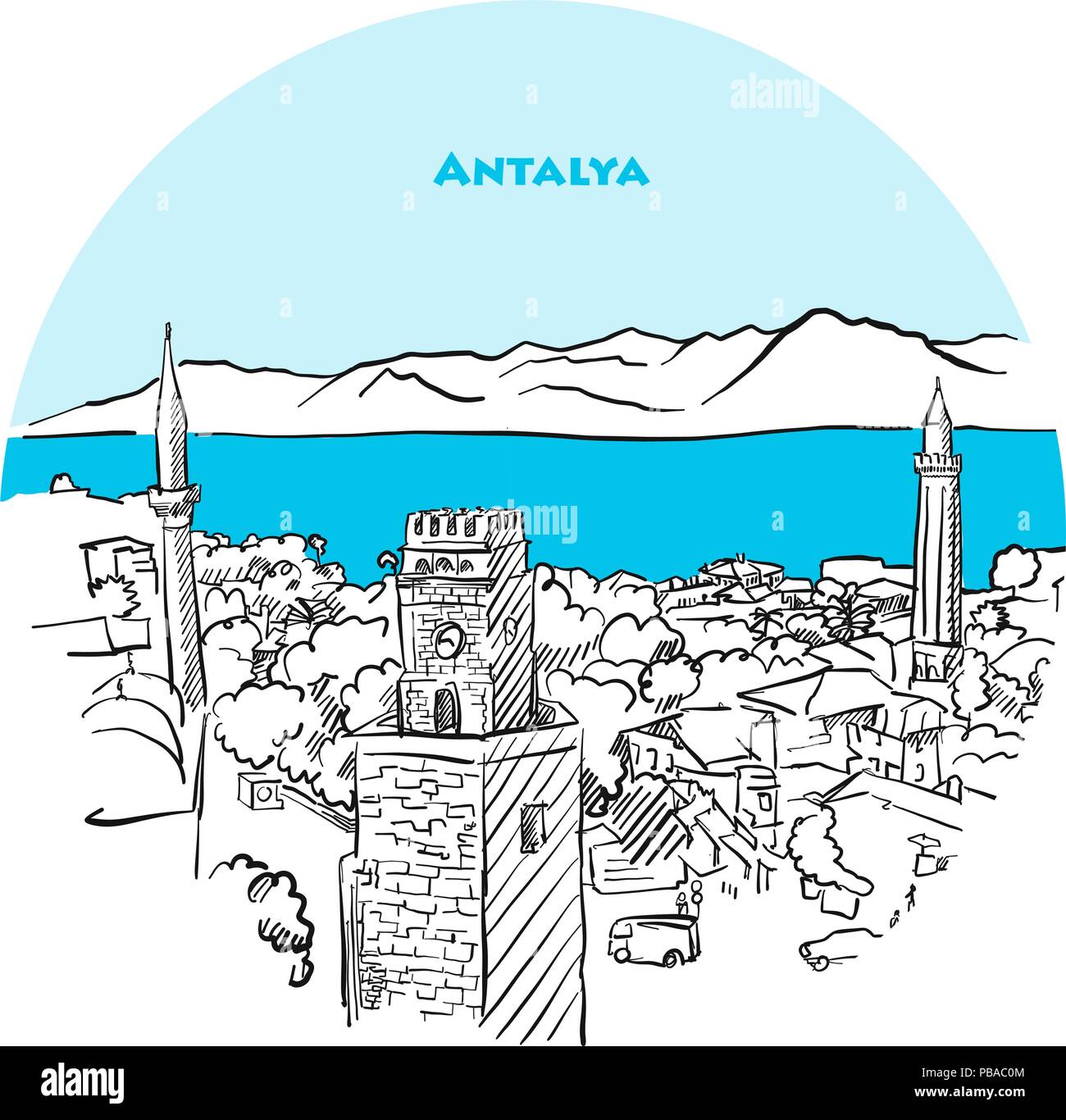 Antalya two toned drawing. Hand-drawn vector illustration of Antalya old town with blue sea in background. Stock Vector