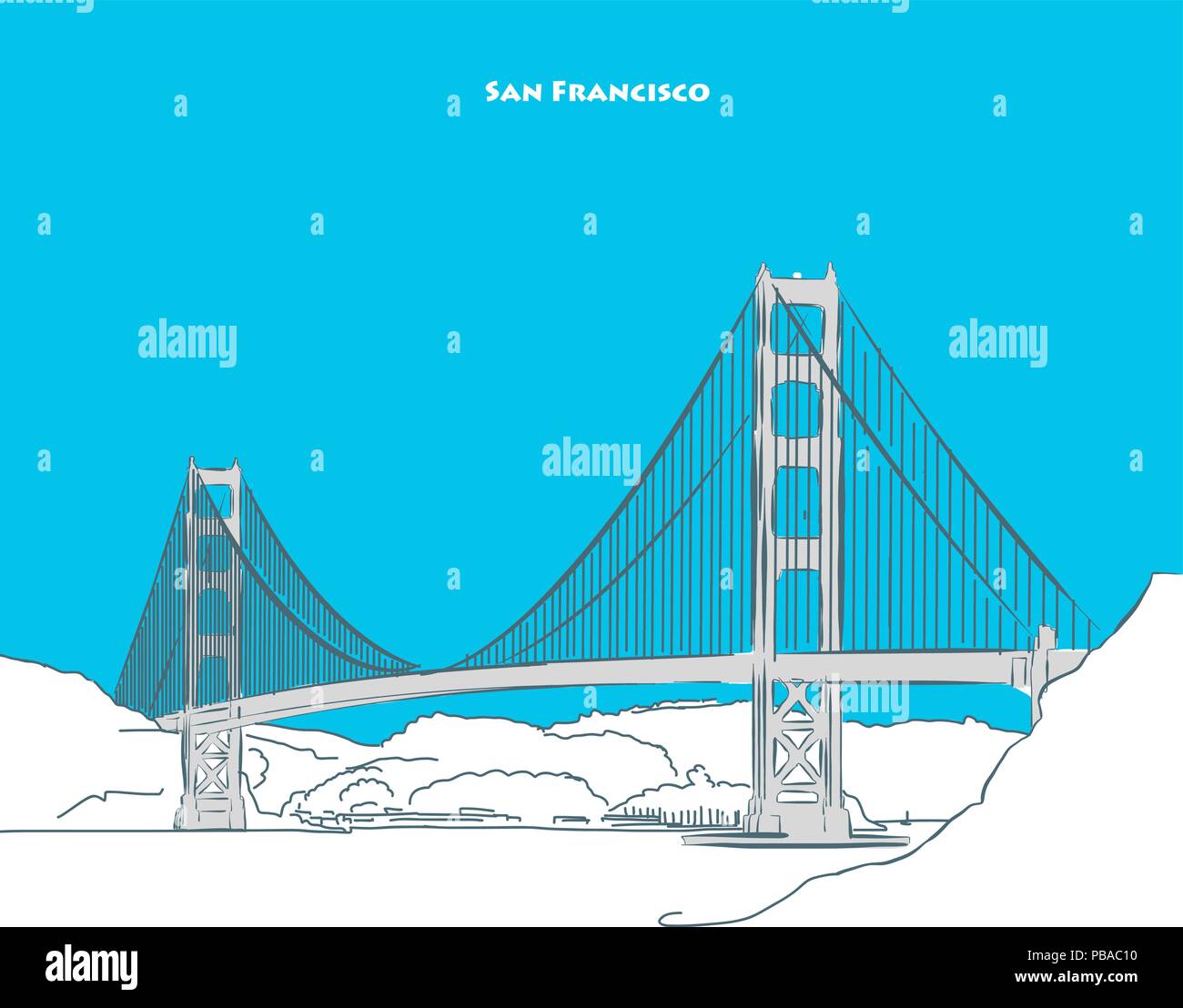 Two-toned landmark of Golden Gate Bridge near san francisco. Hand-drawn vector sketch. Stock Vector