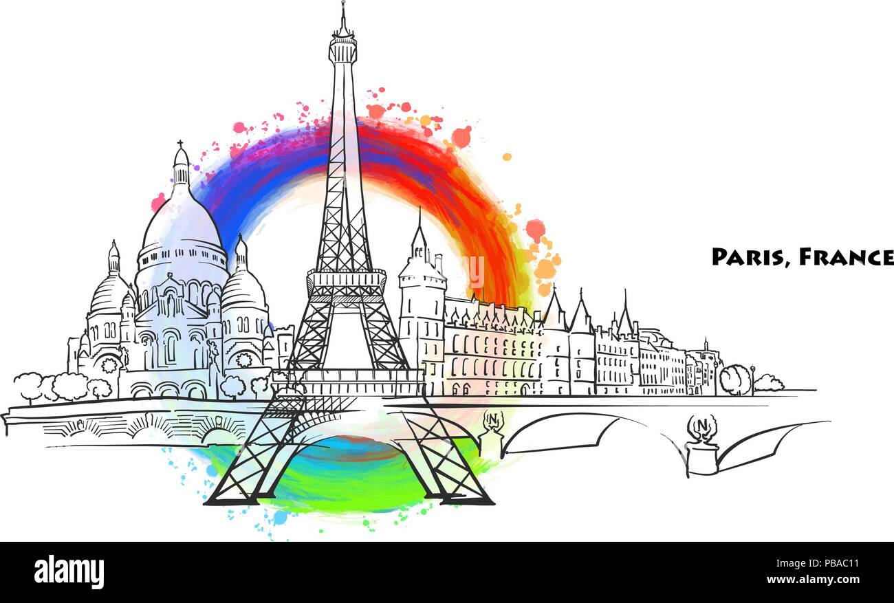 Paris landmarks with colored background. Hand-drawn vector sketch Stock Vector