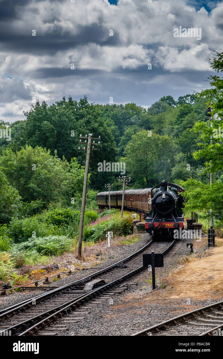 Steam Engine 2857 approaching Highley, along the Severn Valley Railway Line, Shropshire Stock Photo