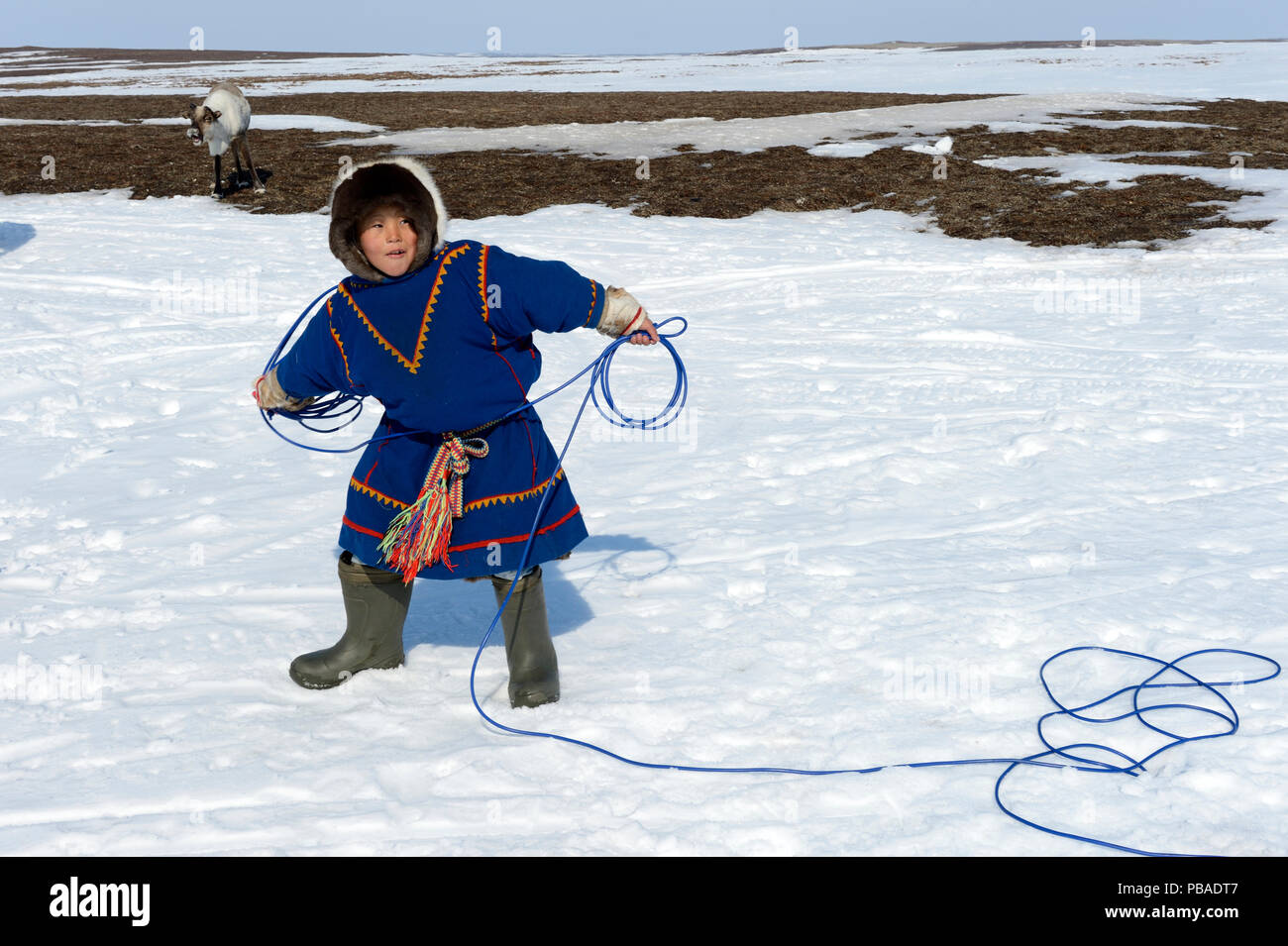 Young boy, Nenet herder practising lasso, wearing traditional malitsa coat. Yar-Sale district, Yamal, Northwest Siberia, Russia. April 2016. Stock Photo