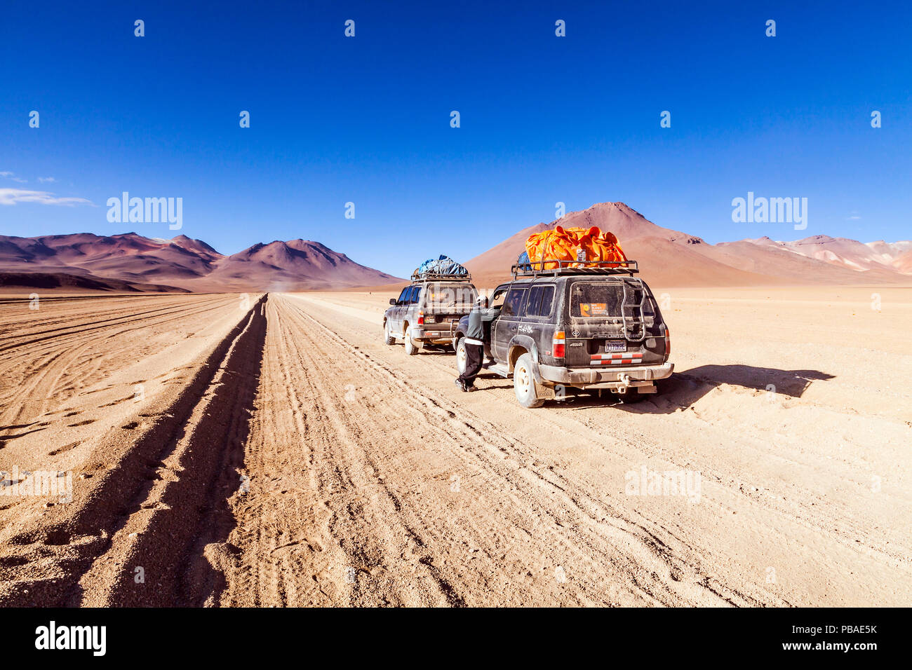 Four-wheel drive road trip through Salvador Dali Desert, Altiplano, Sur Lipez Province, Potosi Department, Bolivia. December 2013. Stock Photo