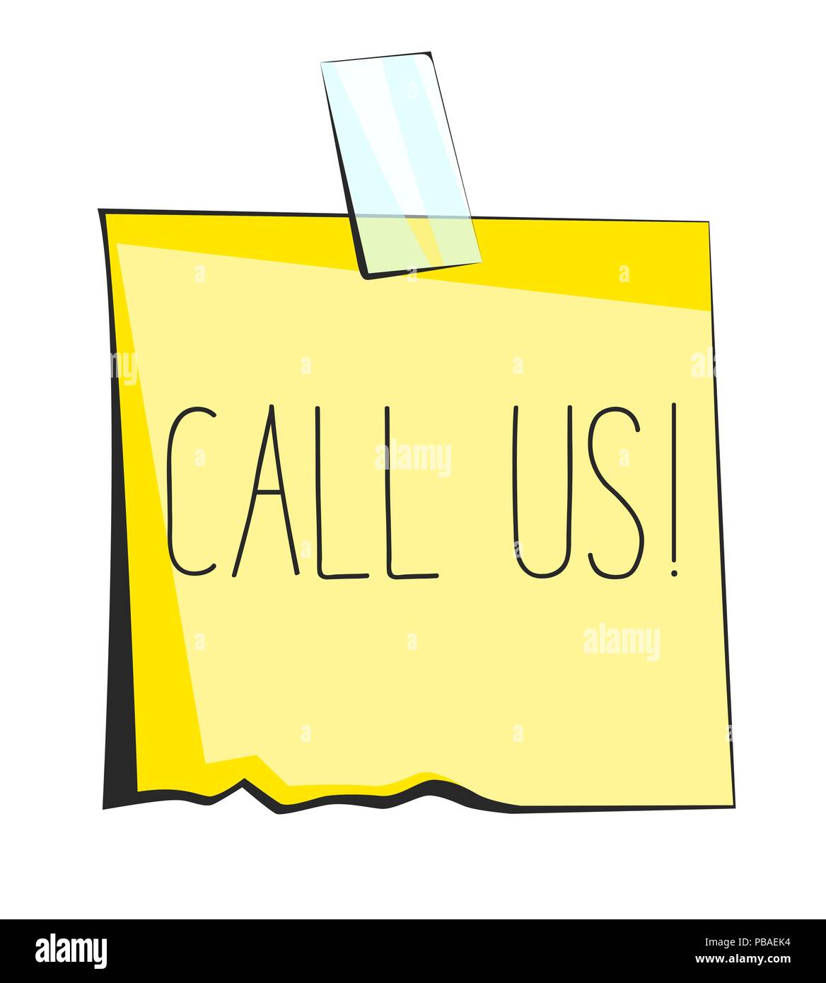 Yellow sticky note with scotch tape. Call us lettering. Paper reminder