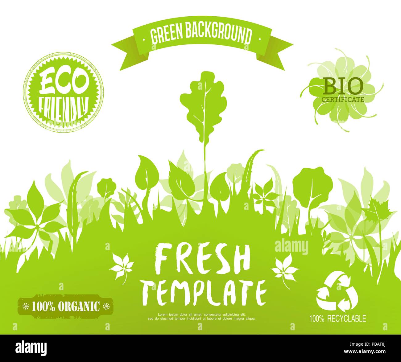 100% organic, eco friendly, bio certificate, recyclable  forest  silhouette background. Vector banner, brochure or web page template. Gree  Stock Vector Image & Art - Alamy