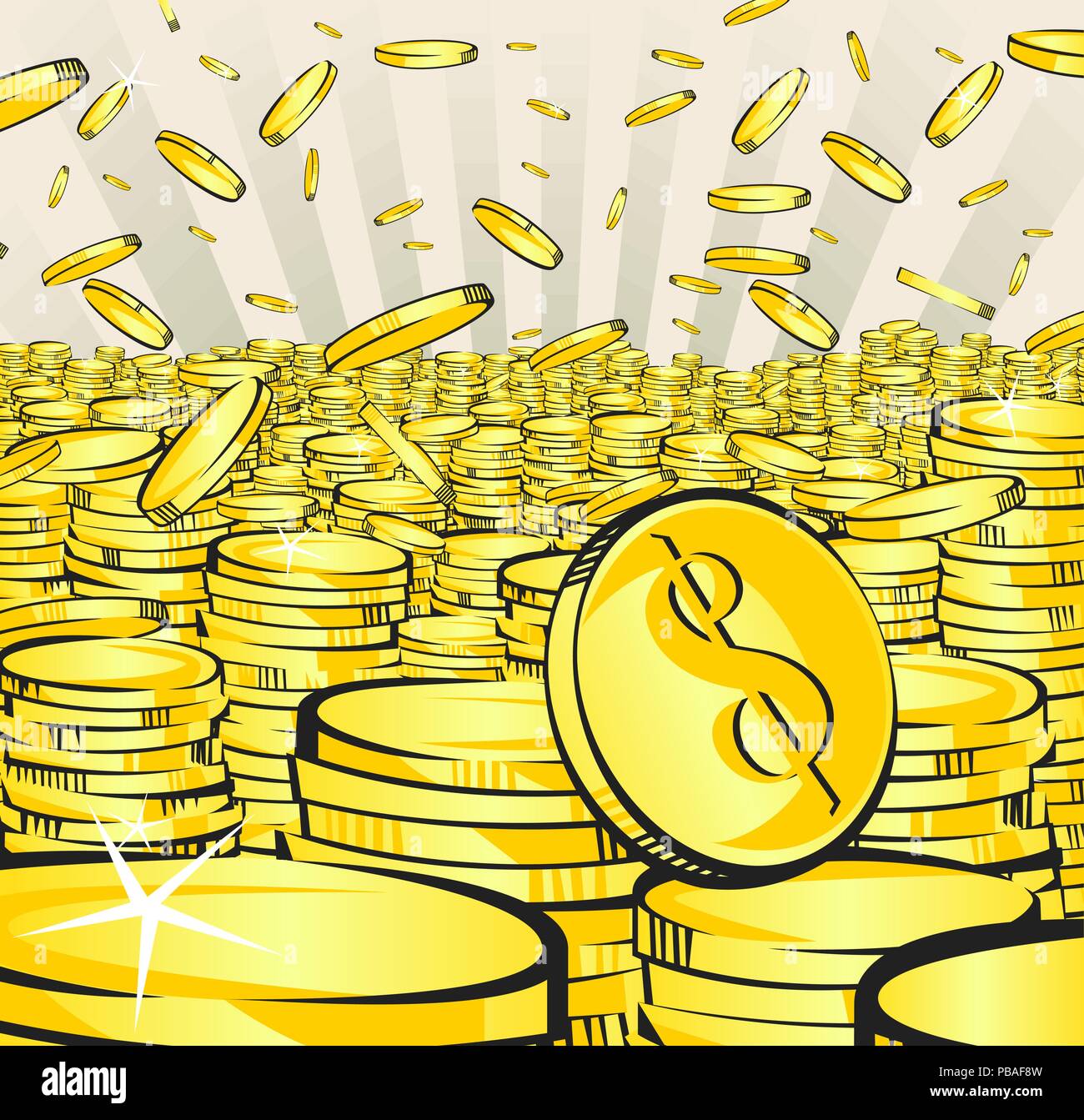 Golden money rain. Falling gold and stacks of coins. Retro vector ...