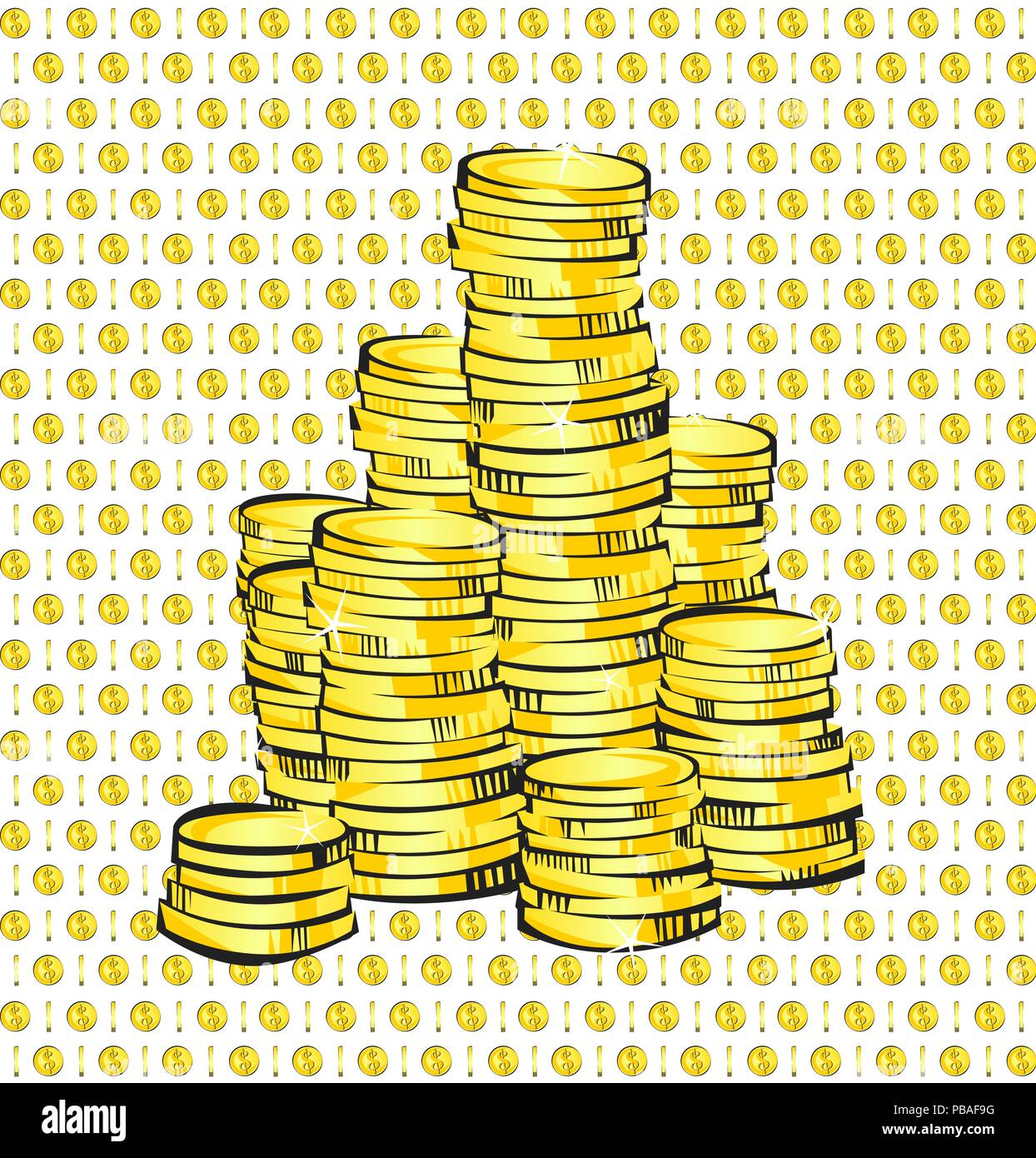 Golden coins stacks on coin seamless pattern. Retro vector illustration ...