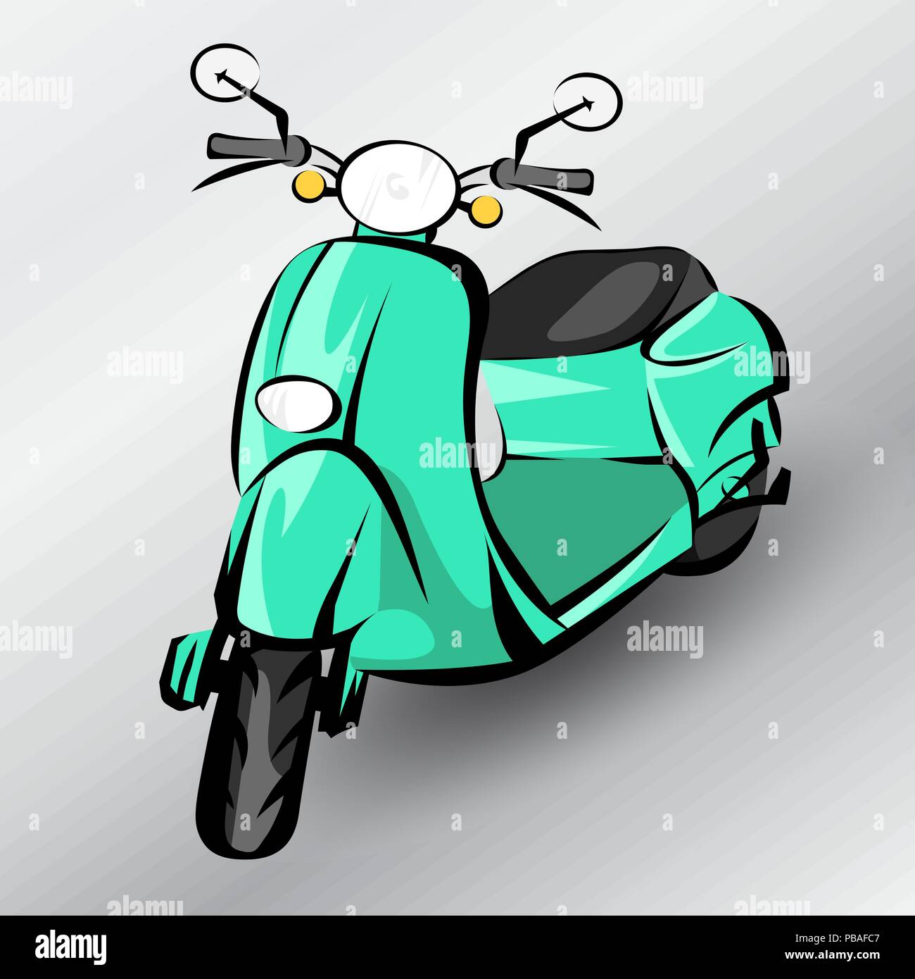 Old turquoise scooter. Three quarters view. Modern vintage ink style. Vector illustration. Retro moped. Stock Vector