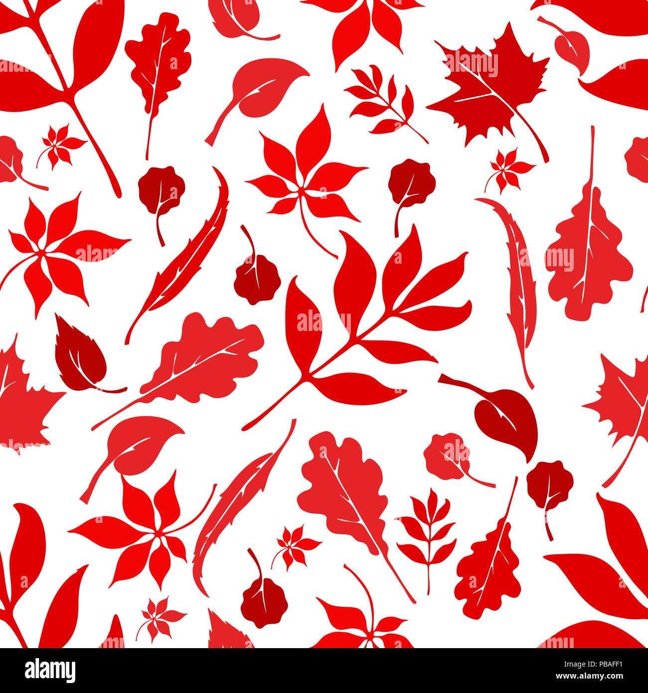 Russian forest seamless pattern. Red and white fabric.  European trees design. Oak, linden, birch, chestnut, willow, alder, ash, maple leaves. Vector  Stock Vector