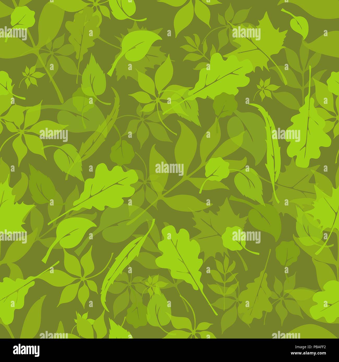 Russian forest seamless pattern. Camouflage fabric. Square format. Leaves texture. European trees design. . Oak, linden, birch, chestnut, willow, alde Stock Vector