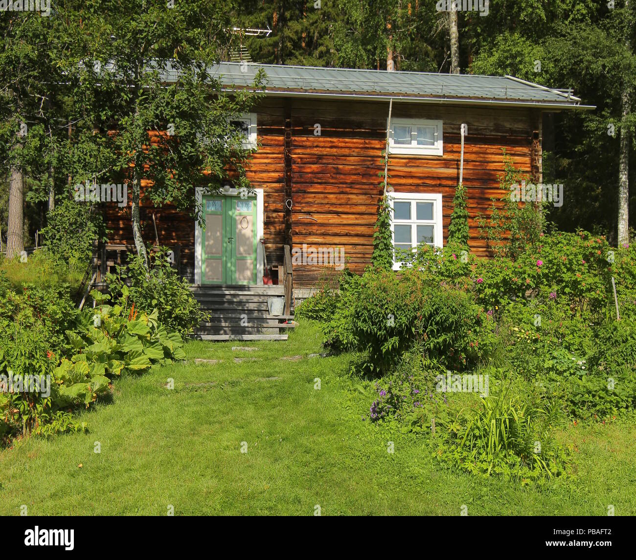 Front yard and hut in cultural reserve area Gallejaur in Norrbotten, Sweden. Stock Photo