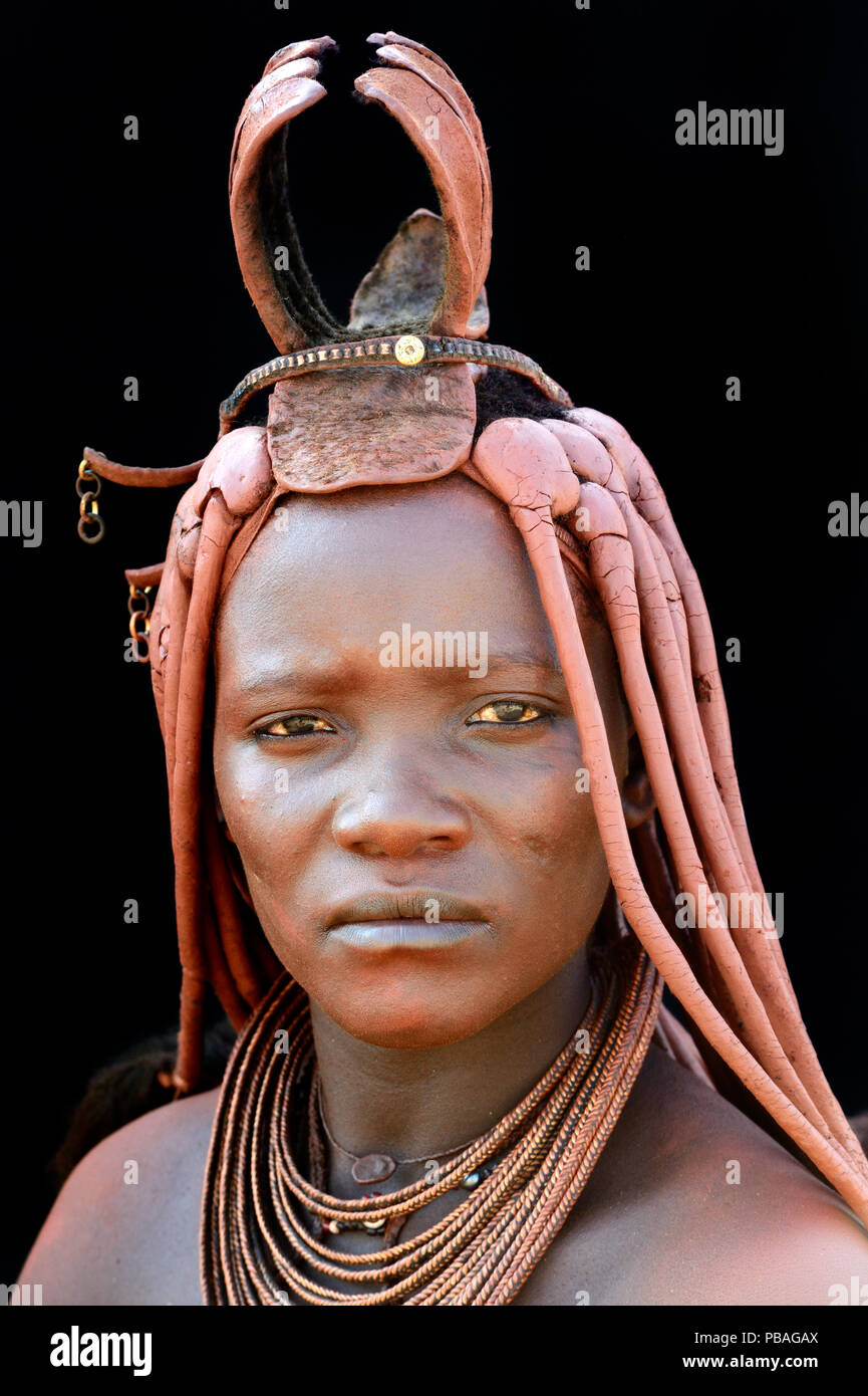 Portrait of Himba woman with traditional hair style, Kaokoland, Namibia October 2015 Stock Photo