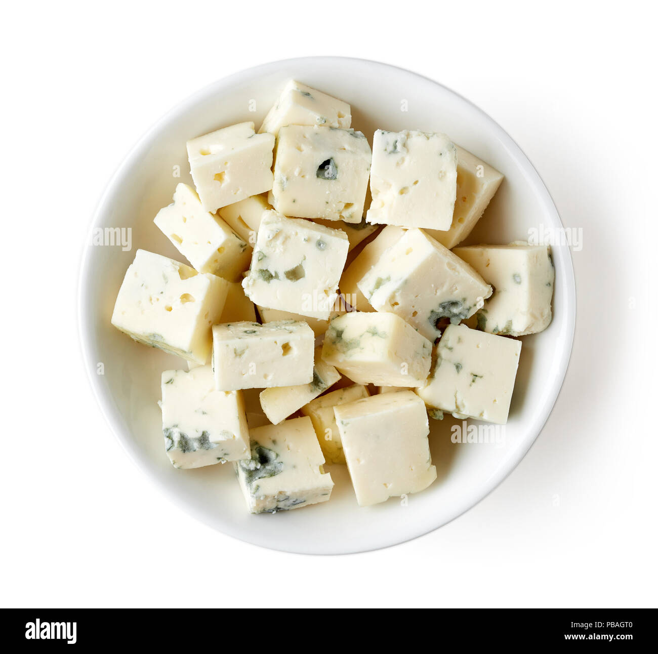 Bowl of blue cheese cubes isolated on white background, top view Stock