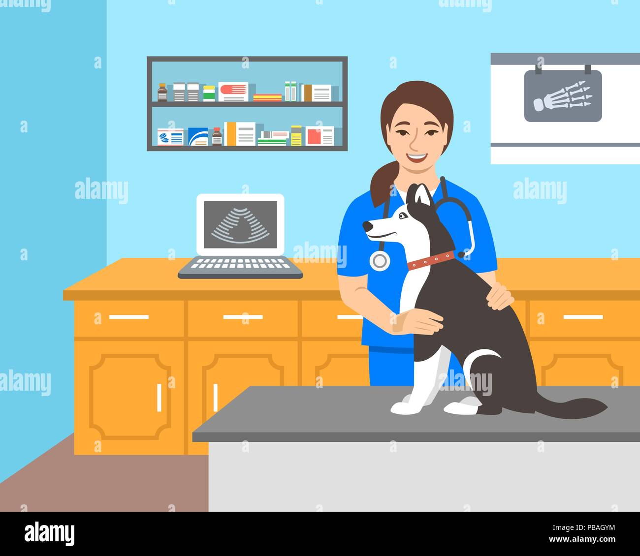 Young woman veterinarian doctor holds husky dog on examination table in vet clinic. Vector cartoon illustration. Pets healthcare background. Domestic  Stock Vector