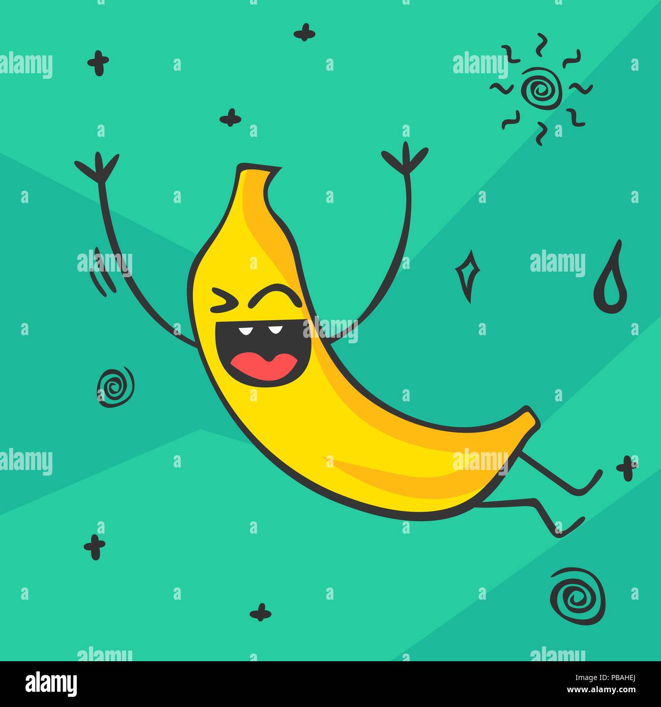 Cute kawaii cartoon banana. Smiling and dancing fruit character