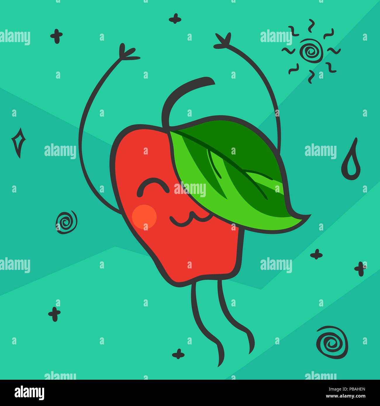 Cute kawaii cartoon apple. Smiling and dancing fruit character. Healthy