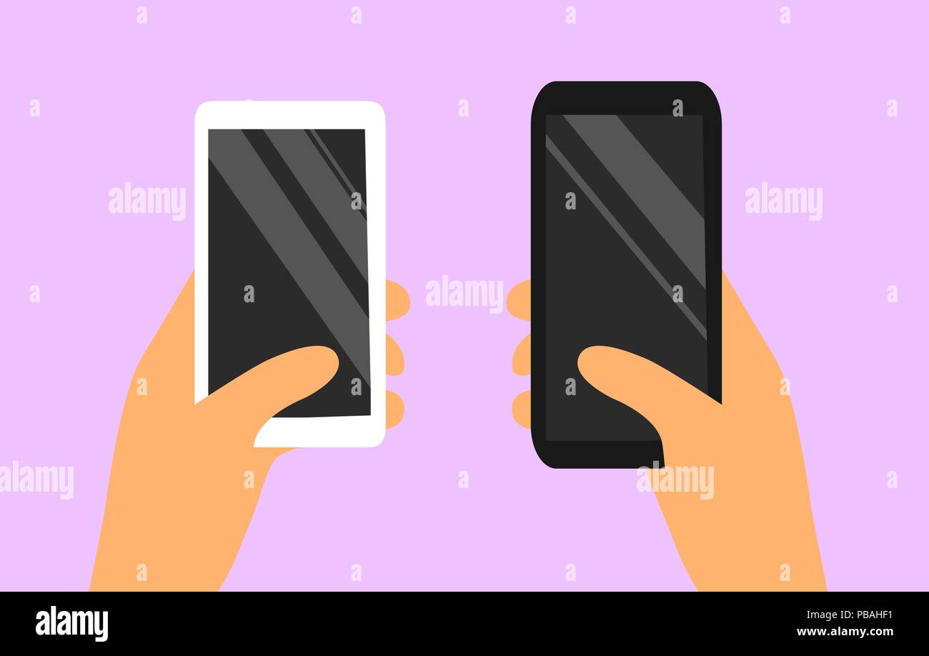 Mobile phones in hands. Choosing a purchase. Flat vector smartphone ...