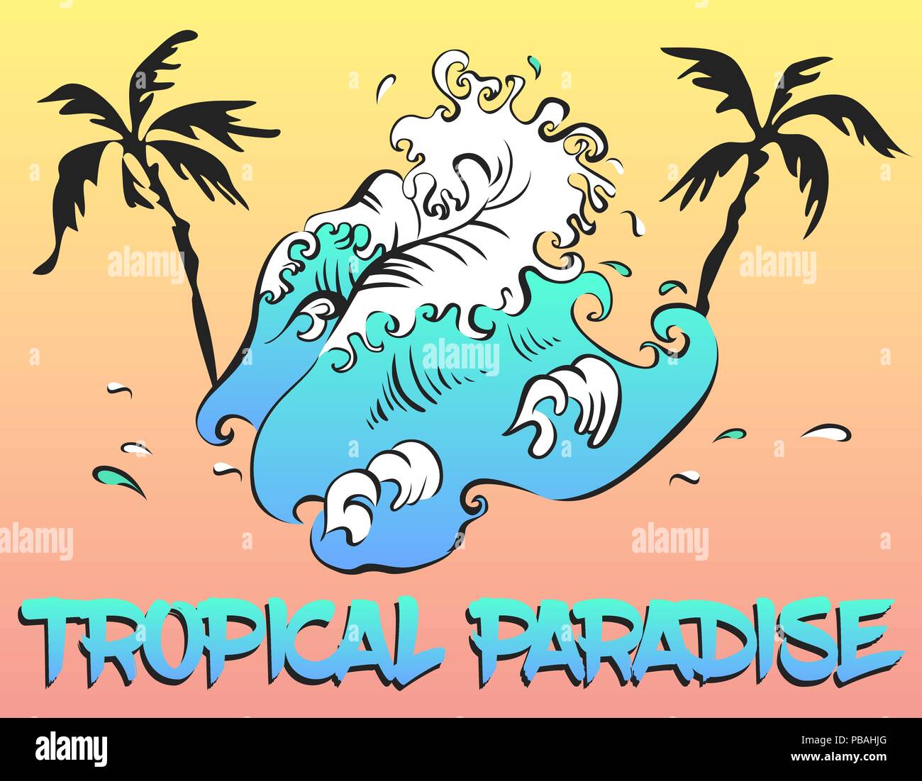 Tropical paradise poster. Wave, palms, sunset gradient and lettering. Tide in stylized ancient asian style. Palm trees silhouettes. Vector illustratio Stock Vector