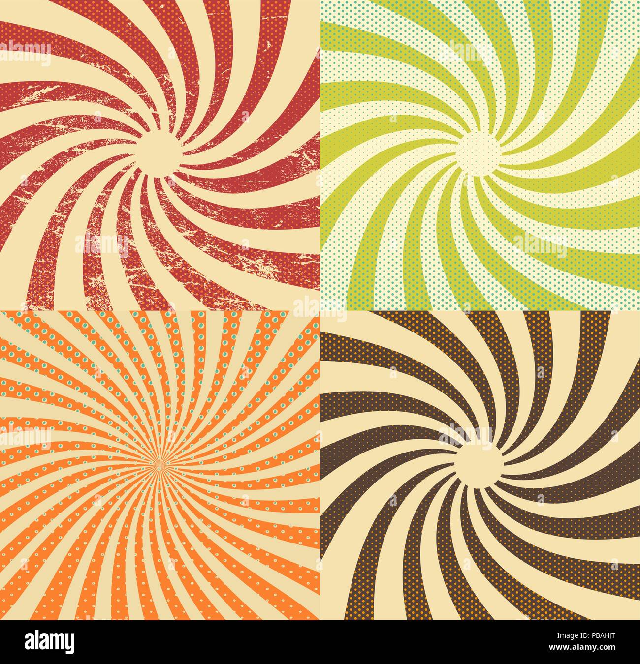 Retro backgrounds set. Vintage patterns with rays and dots. Vector scratched texture. Stock Vector